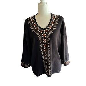 Alfred Dunner Black Tribal Knit Embroidered Beaded Top Size L